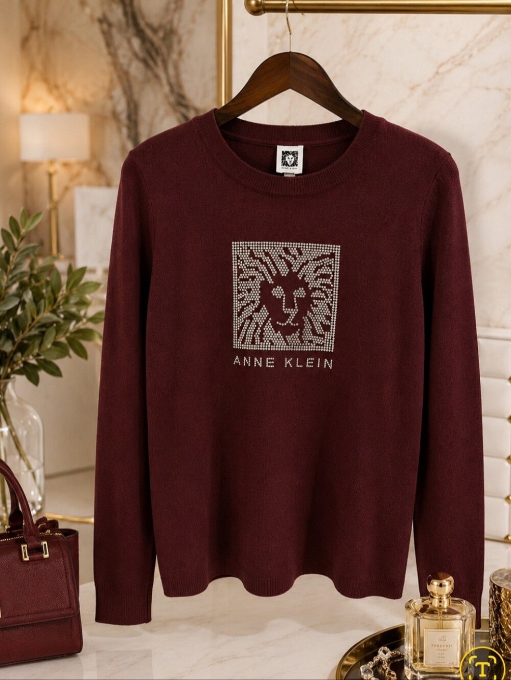 ✨ NWT Anne Klein Rhinestone Lion Sweater M – Burgundy – Long Sleeve ✨